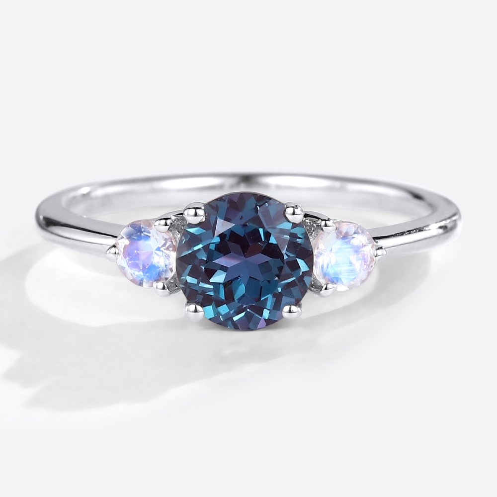 Round Cut Alexandrite Ring Moonstone Three Stones Promise Ring
