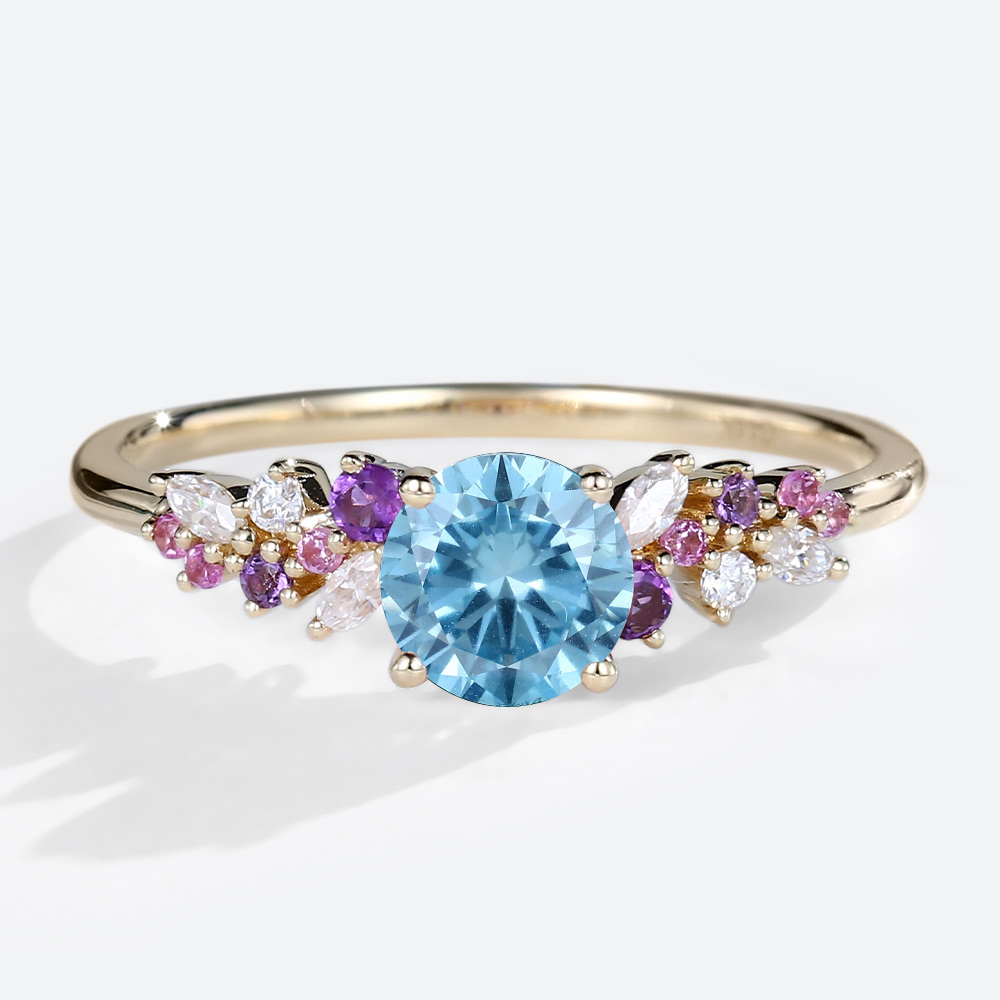 Multicolor Gem Ring Round Cut Lab Blue Diamond Engagement Ring