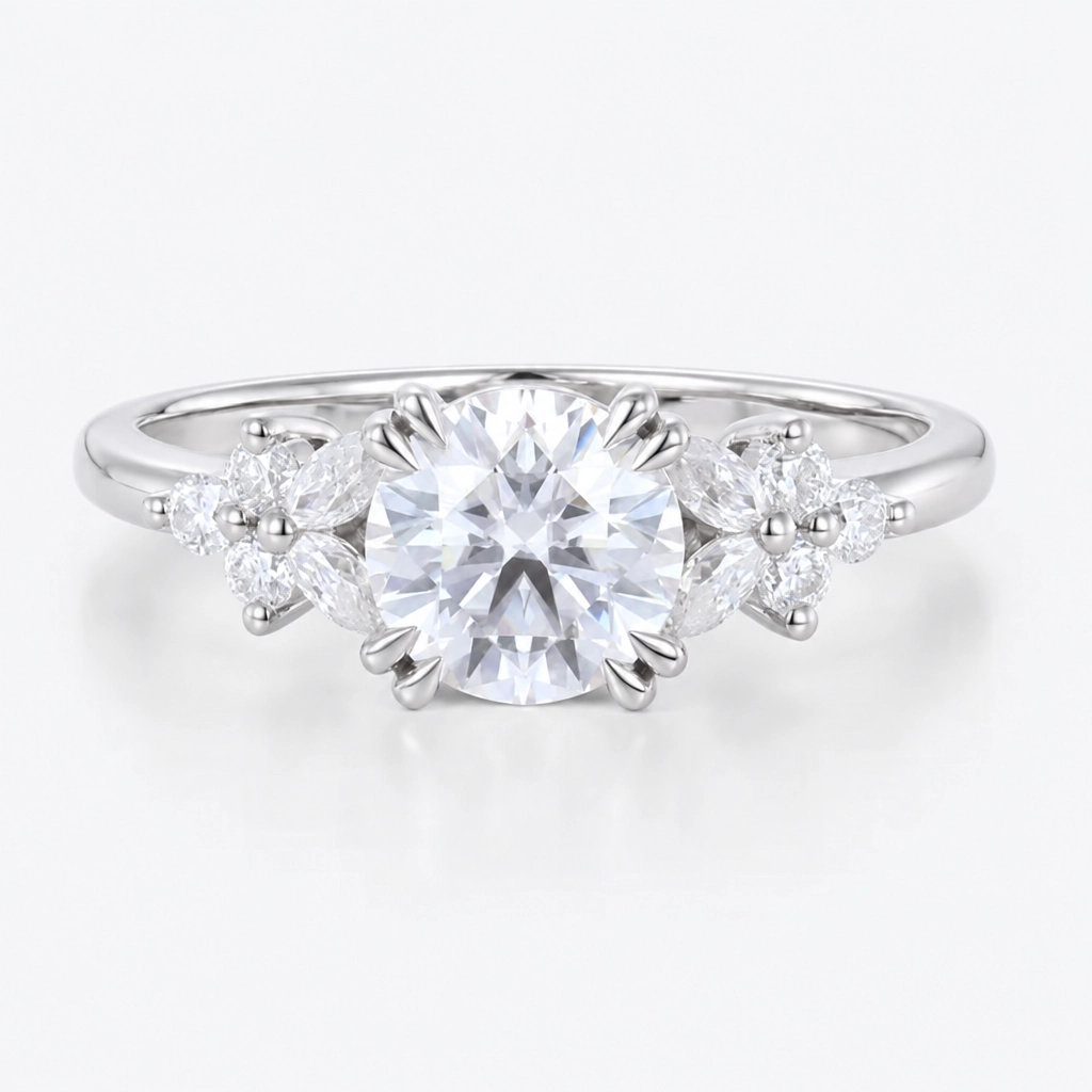 1ct Round Cut Lab Grown Diamond Petal Cluster Engagement Ring in Rose Gold