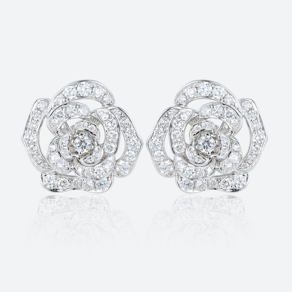 Round Cut Lab Diamond Floral Stud Earrings Blooming Camellia Earrings