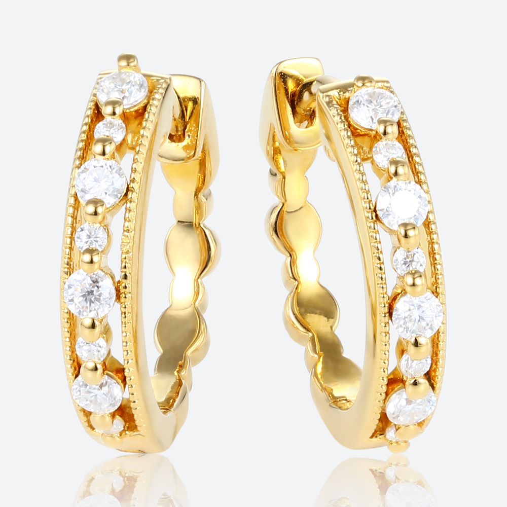 Round Cut Lab Diamond Refined Style Hoop Earrings Milgrain Hinged Clicker Earrings