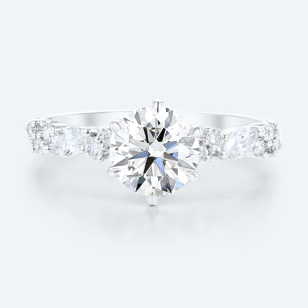 Round Cut Lab Diamond Cluster Engagement Rings White Gold Classic Bridal Ring