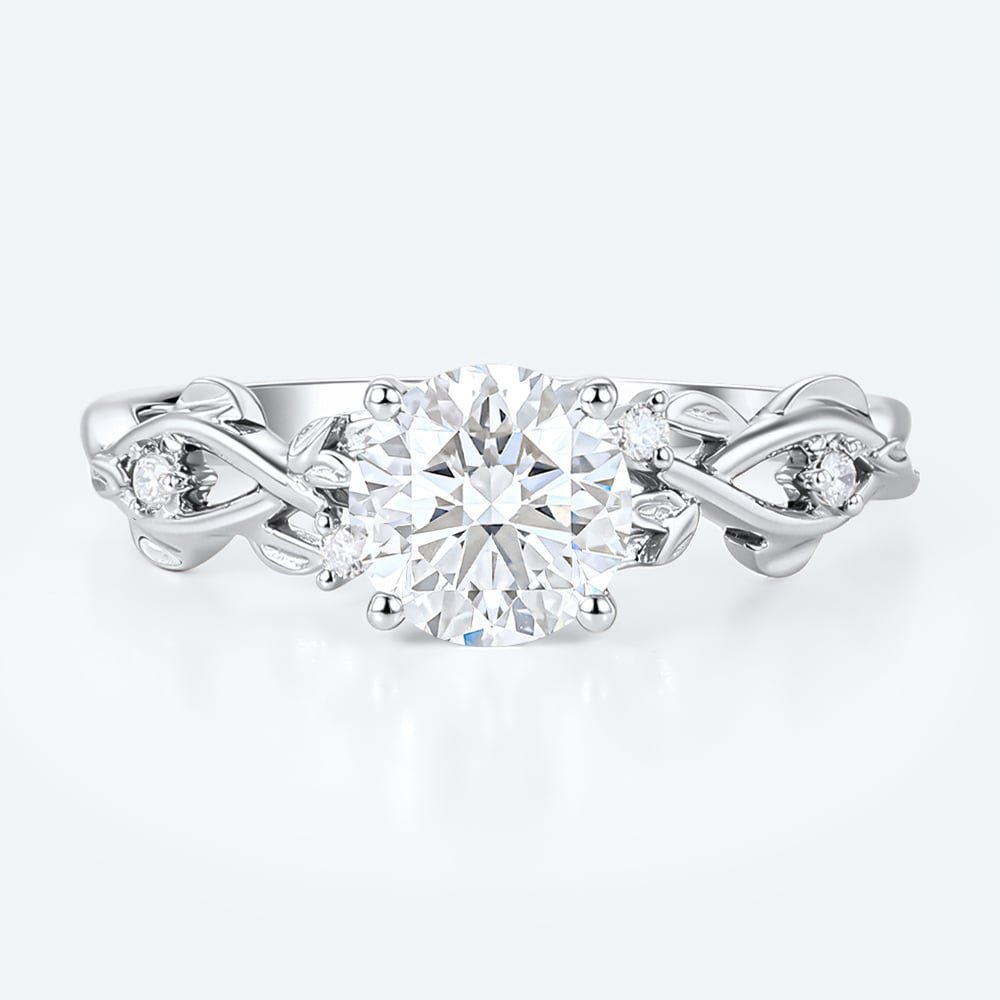 Nature-Inspired Round Lab Diamond Vine Ring | Botanical Leaf in White Gold