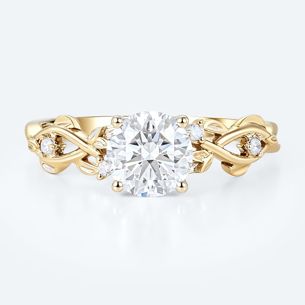 Nature-Inspired Round Lab Diamond Vine Ring | Botanical Leaf in Yellow Gold