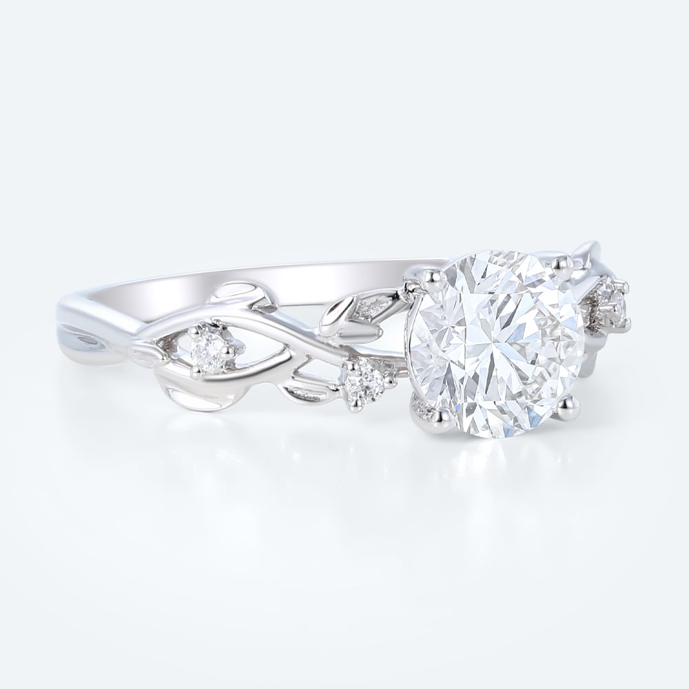Nature-Inspired Round Lab Diamond Vine Ring | Botanical Leaf in White Gold