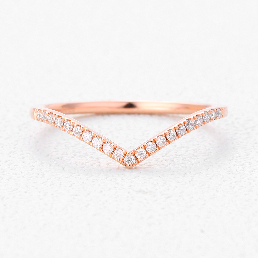 Chevron Lab Diamond Ring 0.1ctw Round Pave Curved Thin Band in Rose Gold