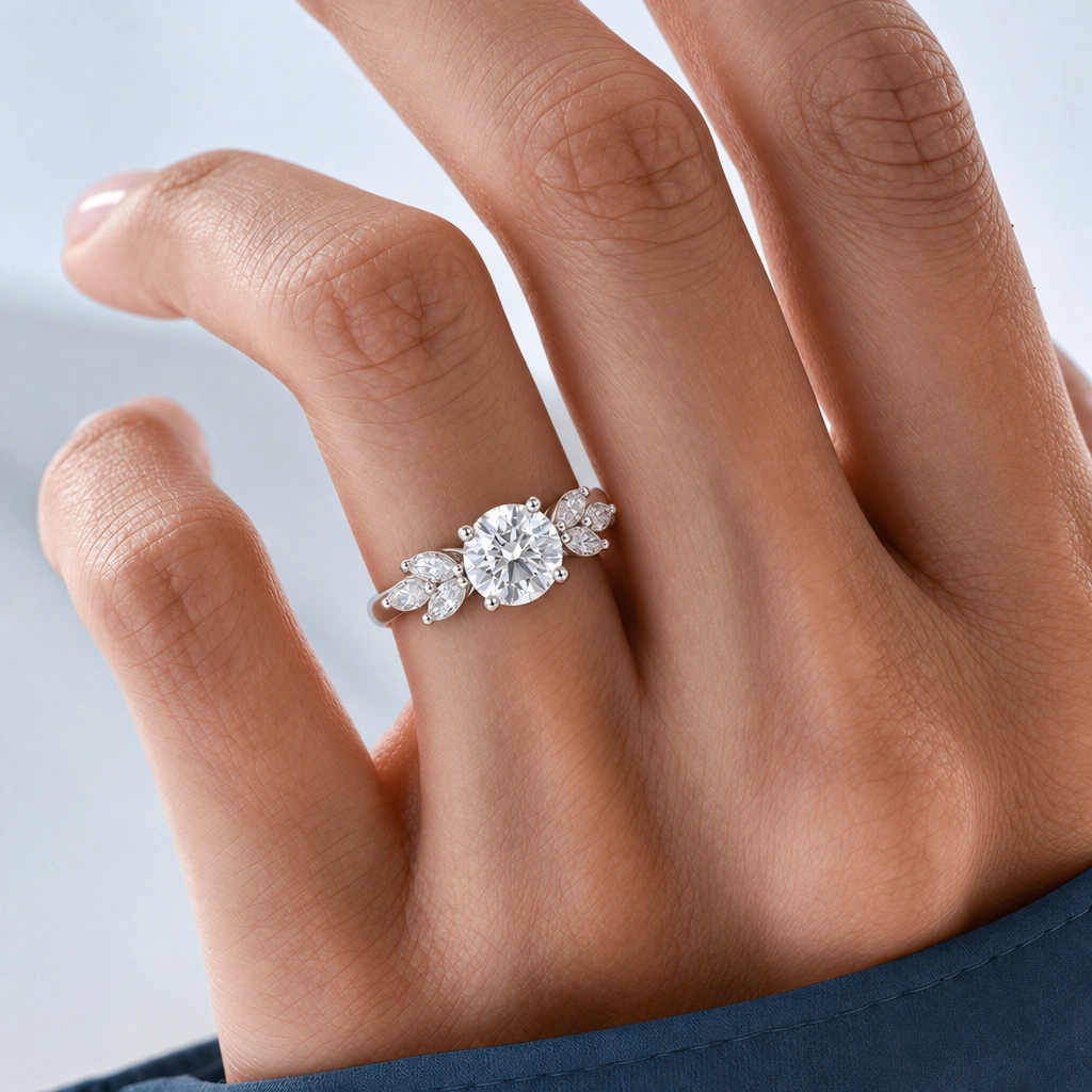 1ct Round Cut Lab Grown Diamond Classic Marquise Accent Engagement Ring in White Gold