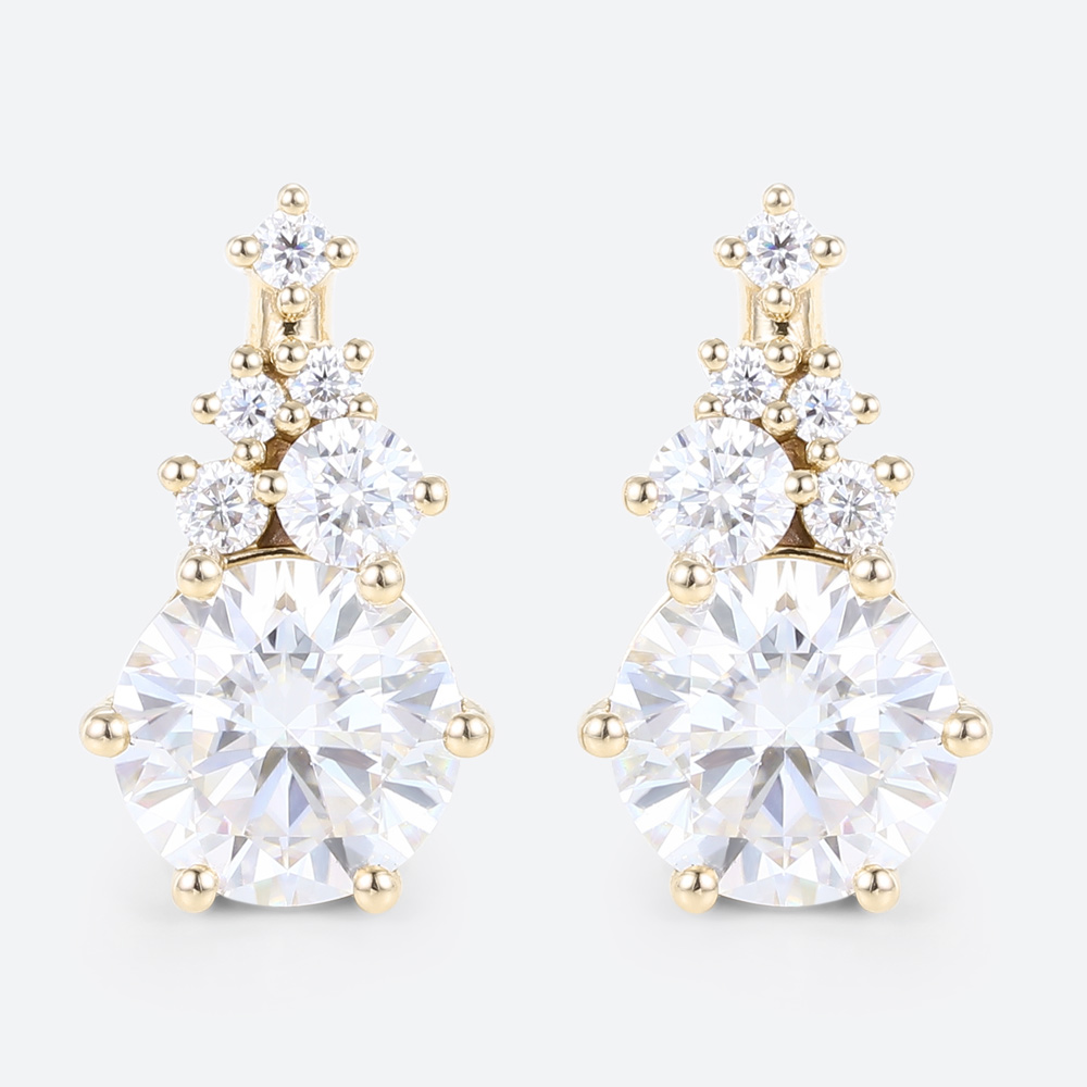 Round Cut Lab Diamond Stud Earrings Cluster Six-Prong Earrings in Yellow Gold