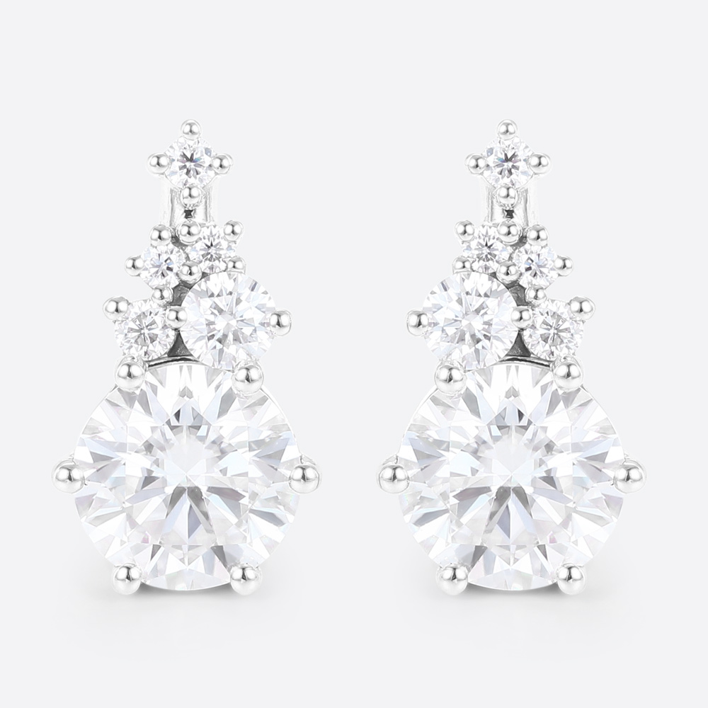 Round Cut Lab Diamond Stud Earrings Cluster Six-Prong Earrings in White Gold