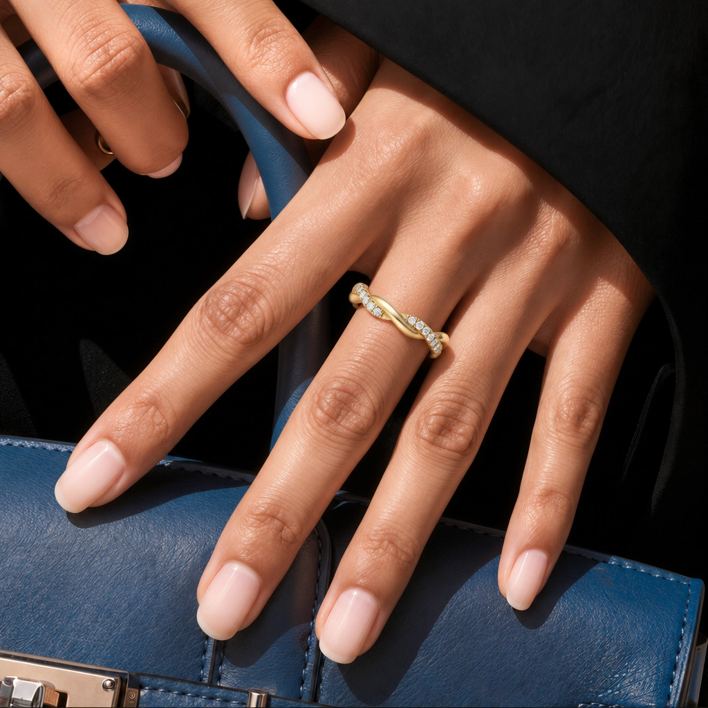 Round Cut Lab Grown Diamond Interlaced Pavé Wedding Band in Yellow Gold
