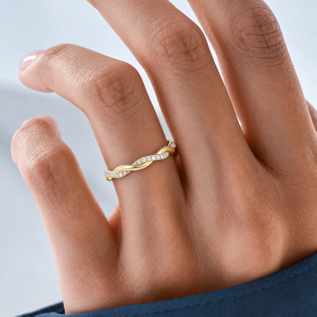 Round Cut Lab Grown Diamond Interlaced Pavé Wedding Band in Yellow Gold