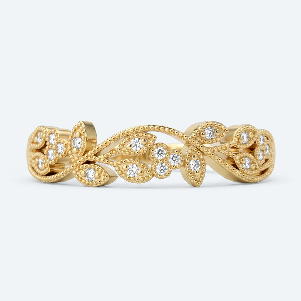 Intricate Leaf Design Wedding Band Round Lab Diamond Milgrain