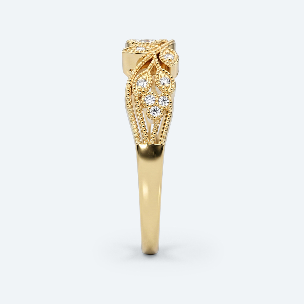 Intricate Leaf Design Wedding Band Round Lab Diamond Milgrain