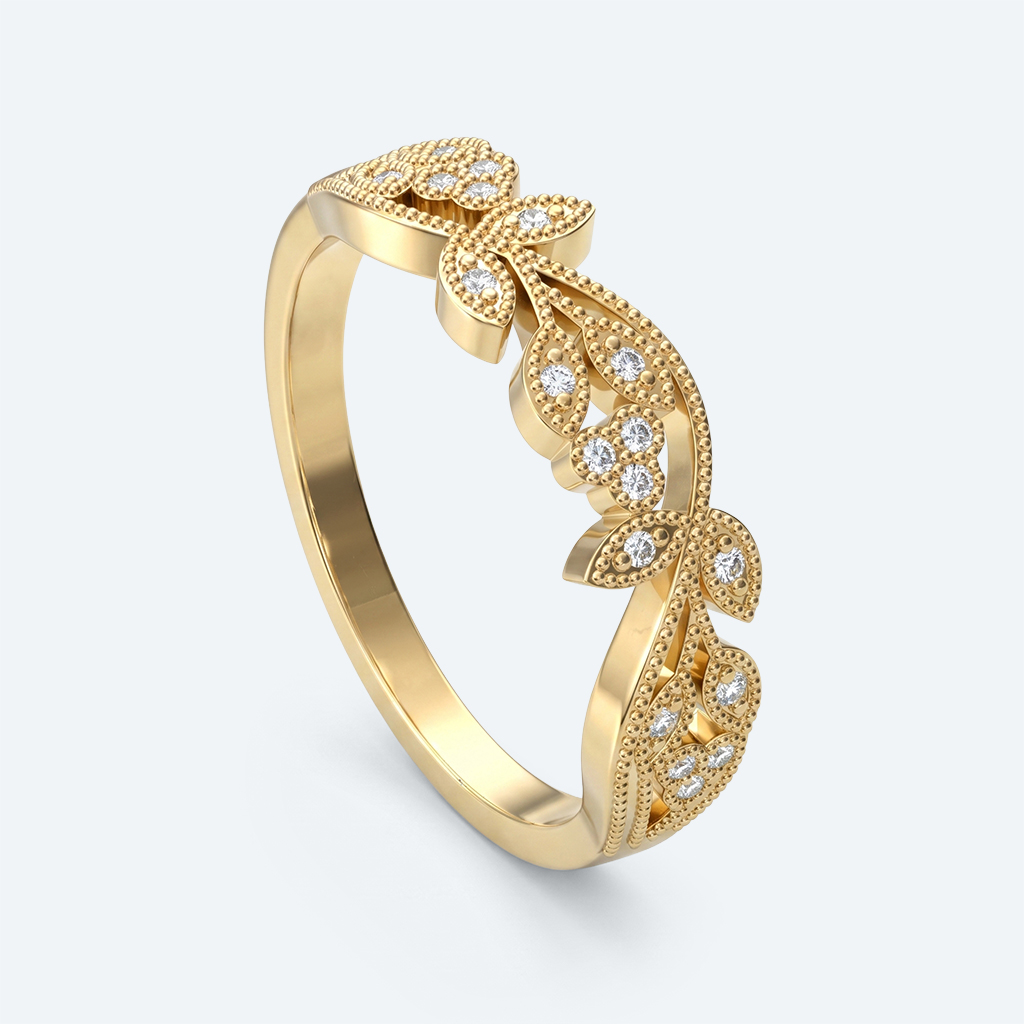 Intricate Leaf Design Wedding Band Round Lab Diamond Milgrain