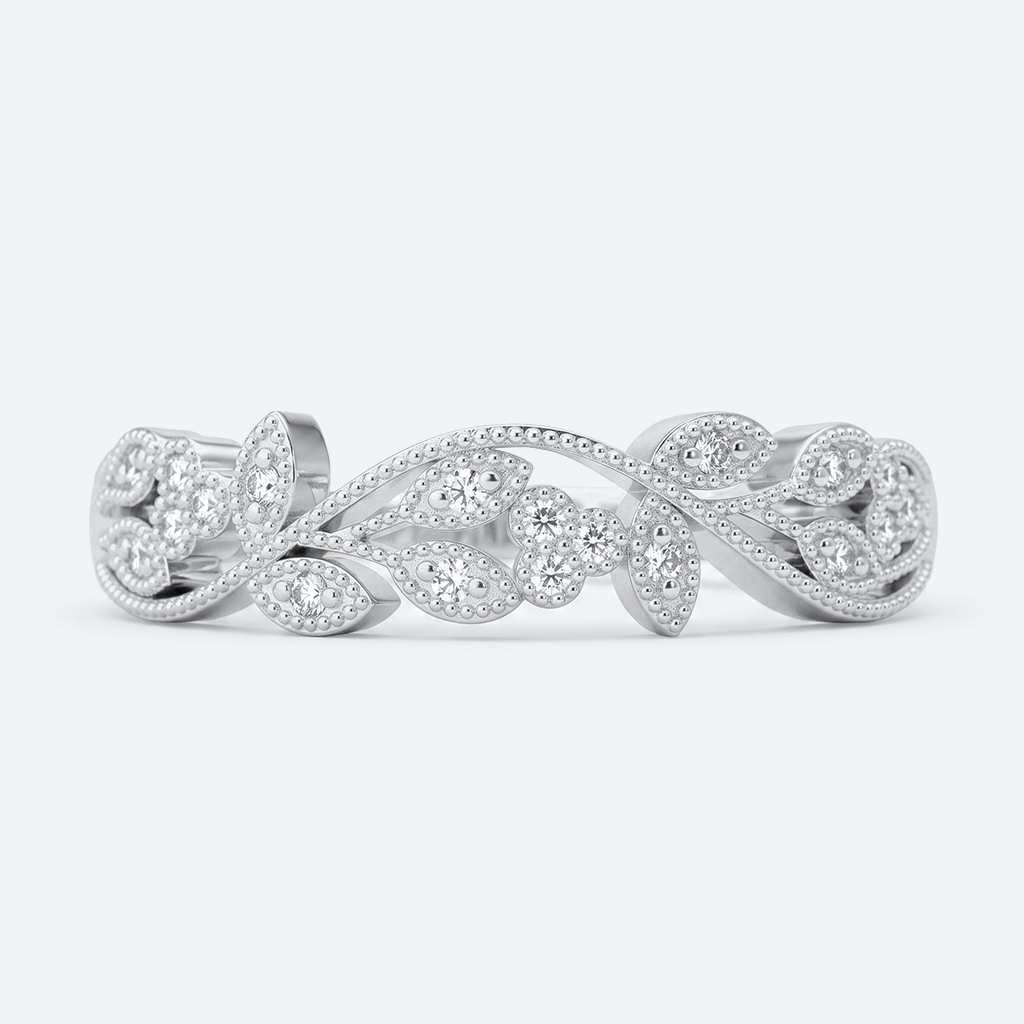 Intricate Leaf Design Wedding Band Round Lab Diamond Milgrain
