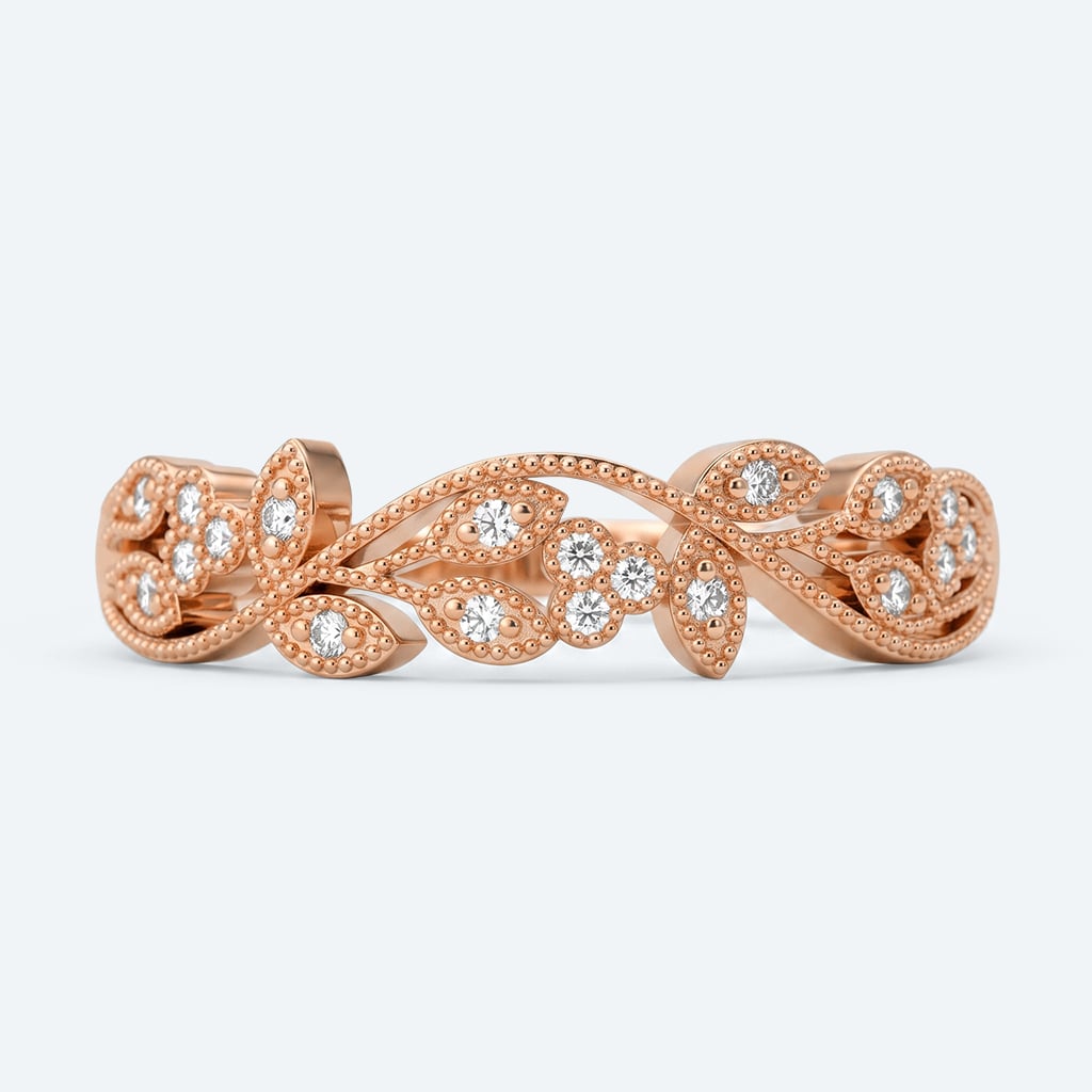 Intricate Leaf Design Wedding Band Round Lab Diamond Milgrain