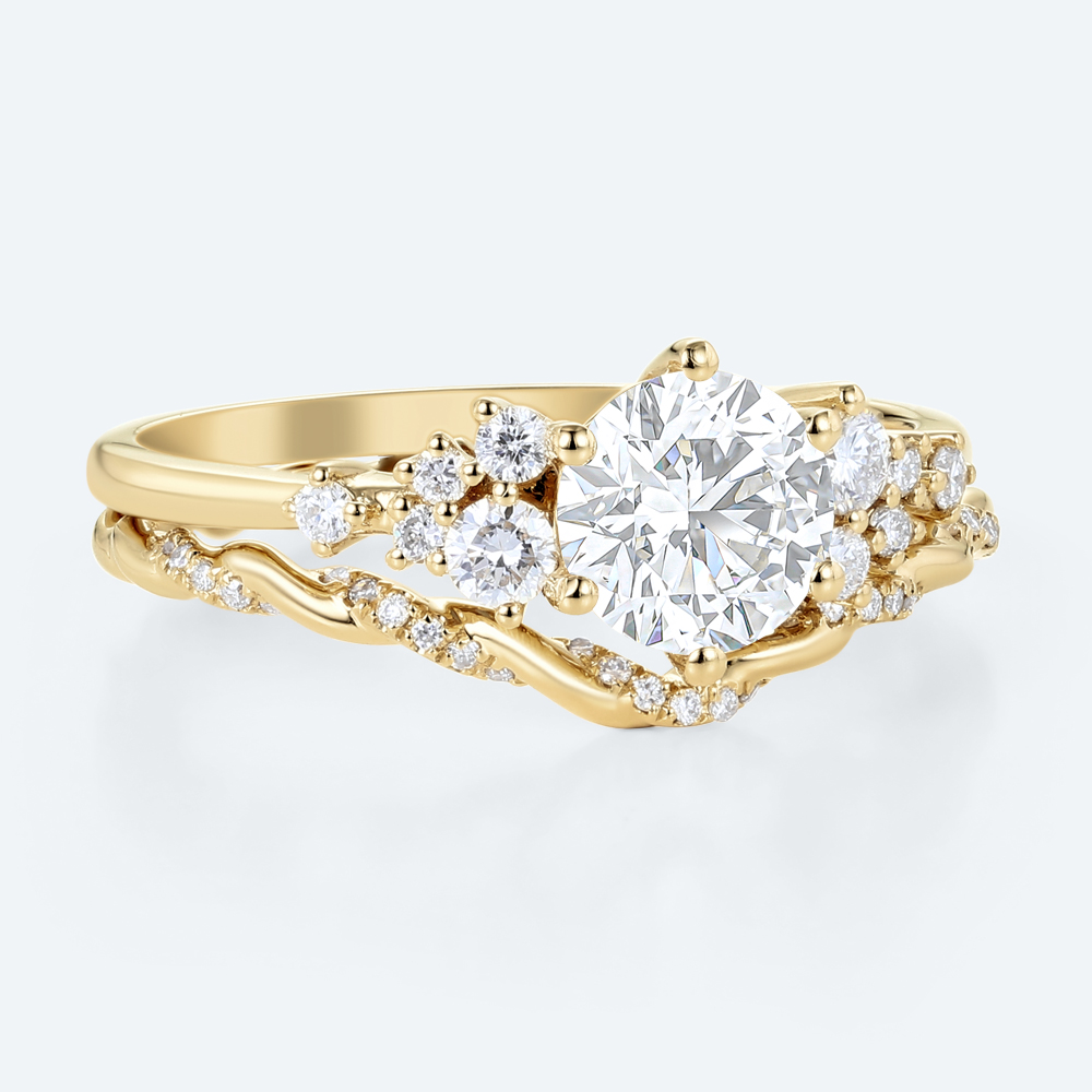 Round Lab Diamond Organic Cluster Ring Set | Nature Inspired Ring in Yellow Gold