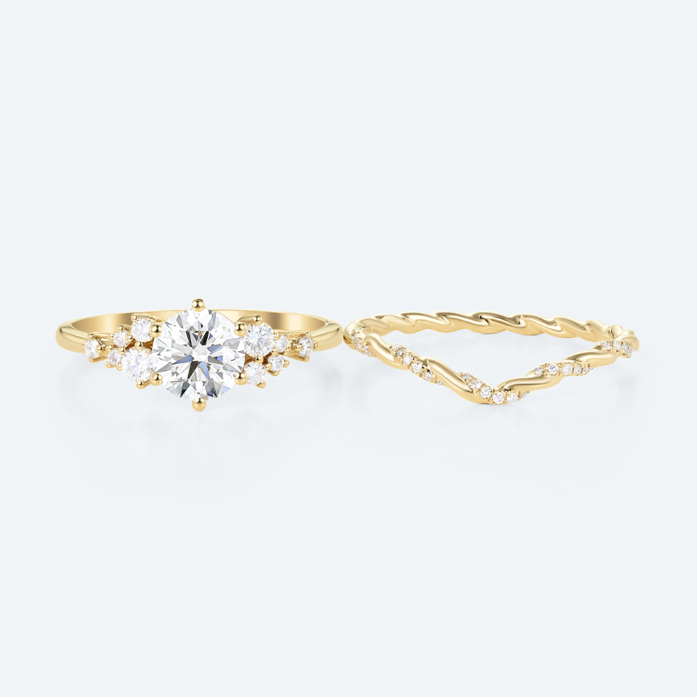 Round Lab Diamond Organic Cluster Ring Set | Nature Inspired Ring in Yellow Gold