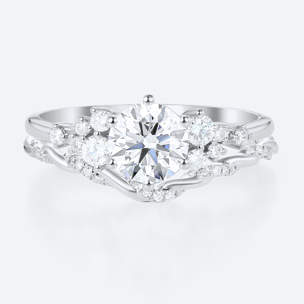 Round Lab Diamond Organic Cluster Ring Set | Nature Inspired Ring in White Gold