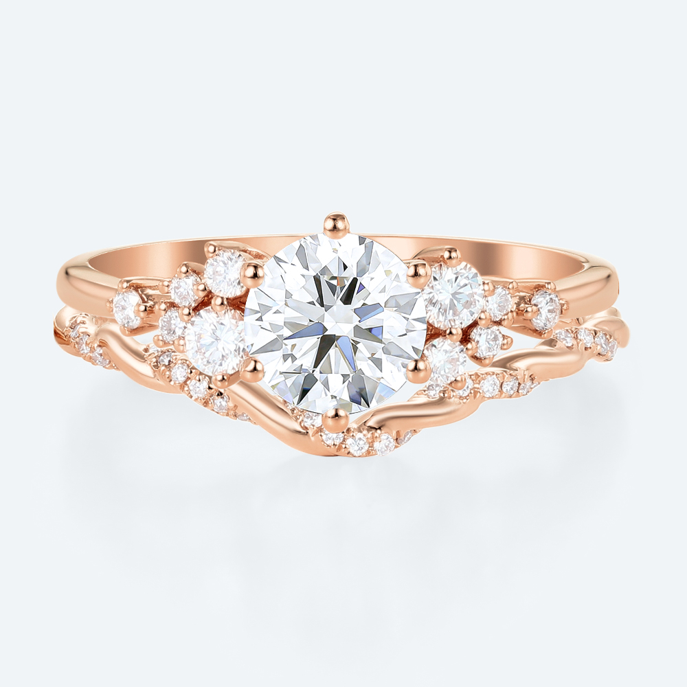Round Lab Diamond Organic Cluster Ring Set | Nature Inspired Ring in Rose Gold