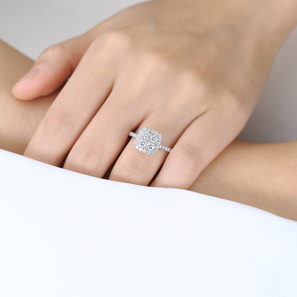Round Cut Lab Grown Diamond Pave Engagement Ring with Cushion Halo Frame 