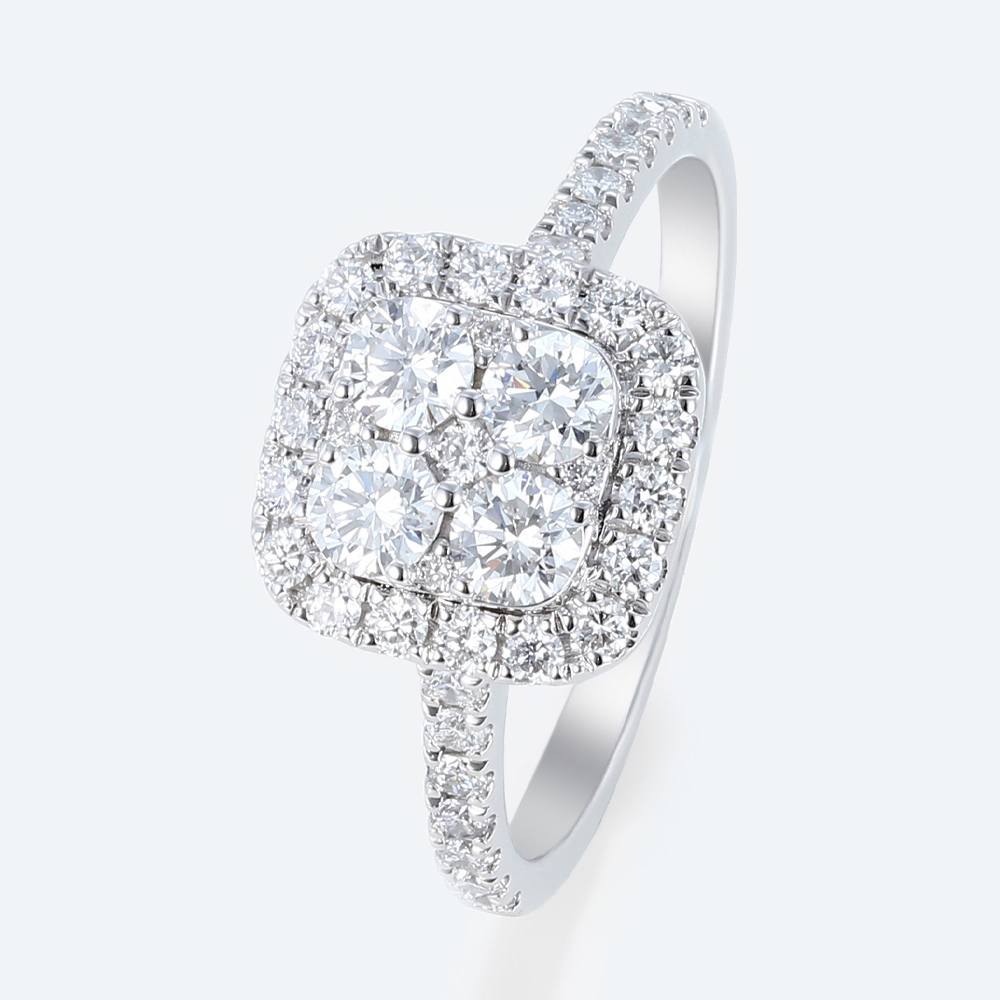 Round Cut Lab Grown Diamond Pave Engagement Ring with Cushion Halo Frame