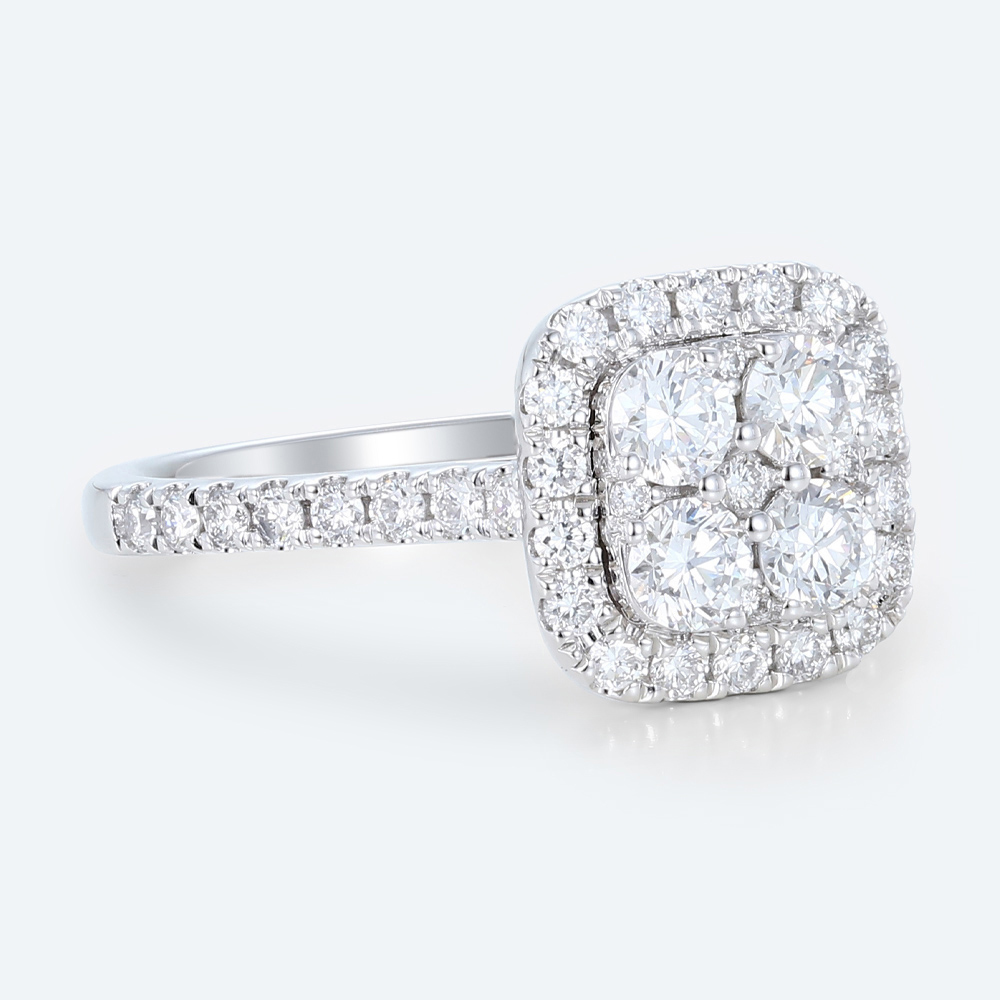 Round Cut Lab Grown Diamond Pave Engagement Ring with Cushion Halo Frame