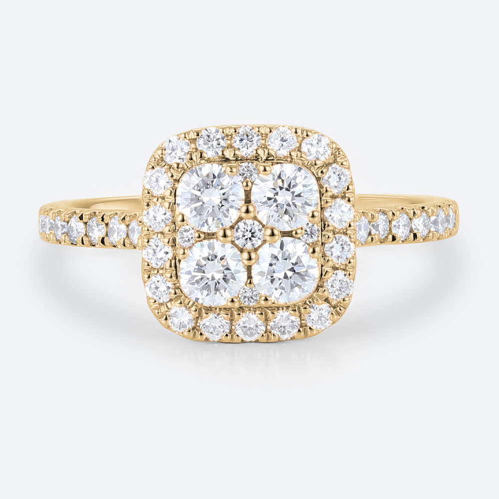 Cushion Cut Lab Grown Diamond Rings 1ct Halo Pave Bridal Ring in Yellow Gold