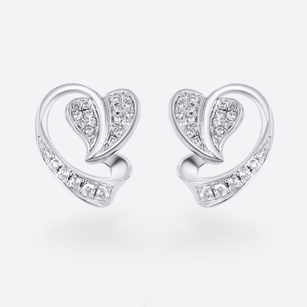 White Gold Lab Diamond Earrings Heart-Shaped Pavé Stud Earrings