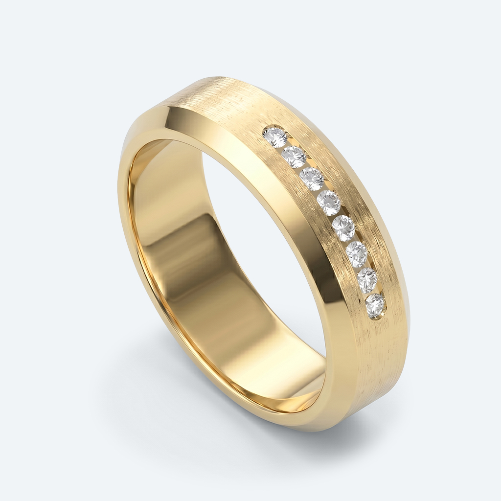 Brushed Gold Wedding Band Round Diamond Sleek Wide Bands