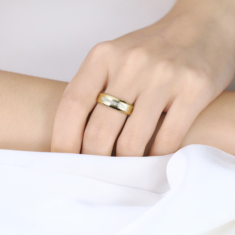 Brushed Gold Wedding Band Round Cut Lab Diamond Sleek Wide Band in Yellow Gold