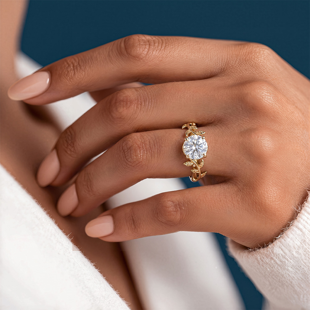 1ct Lab Diamond Ring Solitaire Round Dimaond Leaf Promise Ring in Yellow Gold