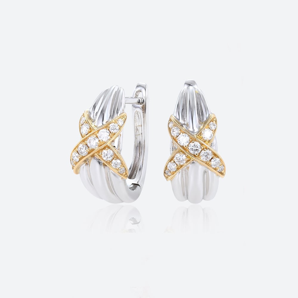Round Lab Diamond Hoop Earrings Two-Tone Crisscross Earrings in White Gold
