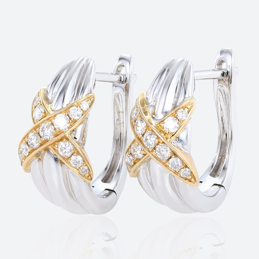 Round Lab Diamond Hoop Earrings Two-Tone Crisscross Earrings in White Gold
