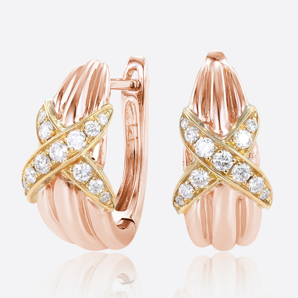 Round Lab Diamond Hoop Earrings Two-Tone Crisscross Earrings in Rose Gold