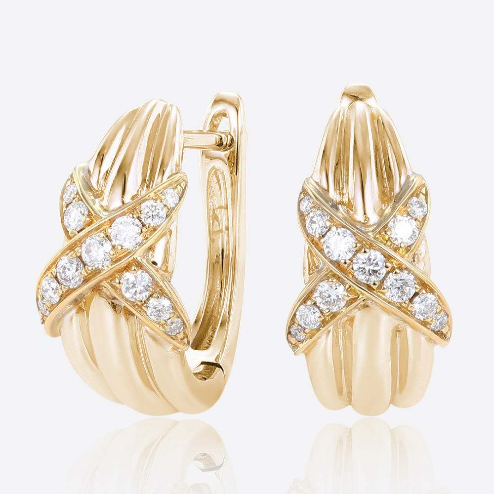 Round Lab Diamond Hoop Earrings Two-Tone Crisscross Earrings in Yellow Gold