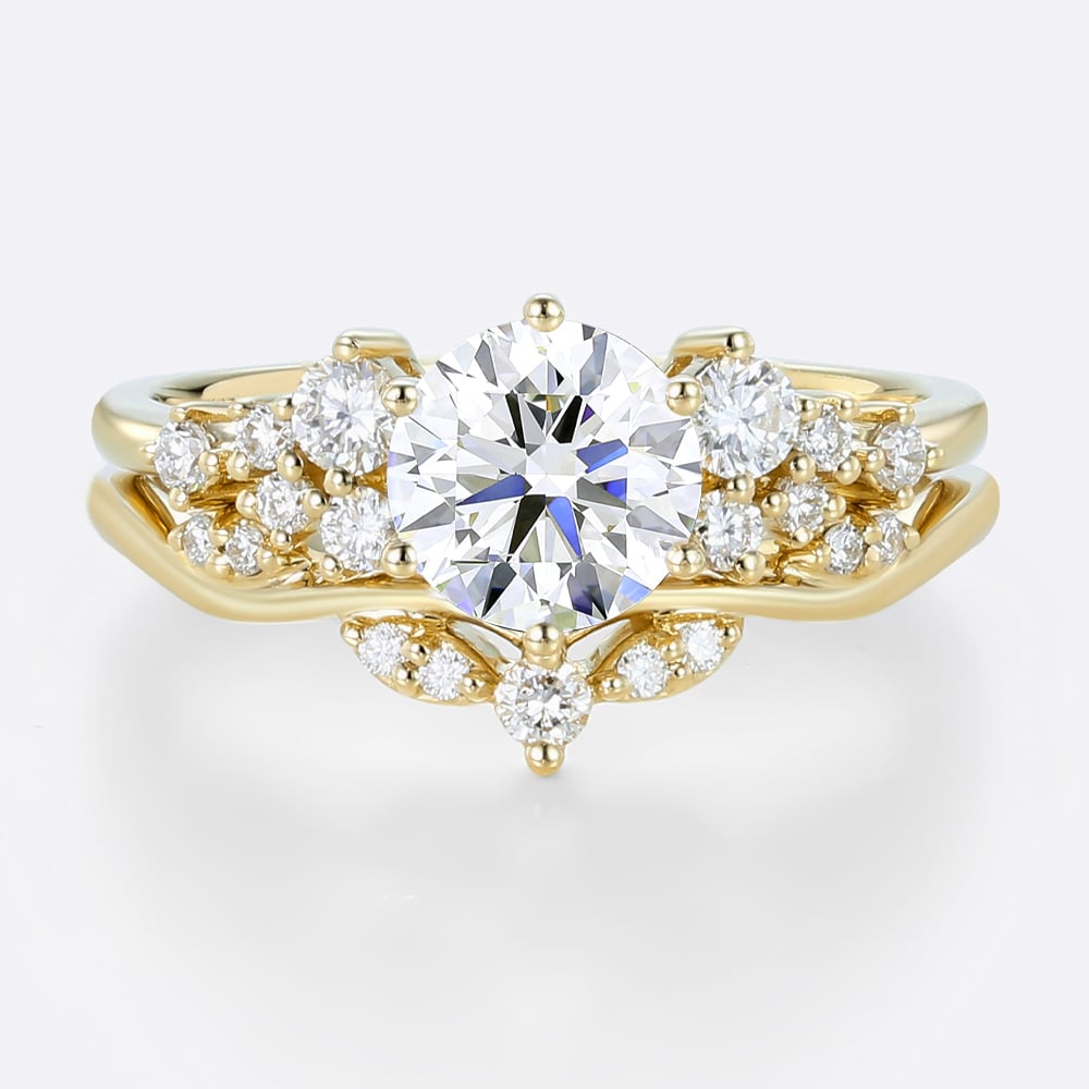 Round Cut Lab Diamond Engagement Rings Set Matching Curved Rings