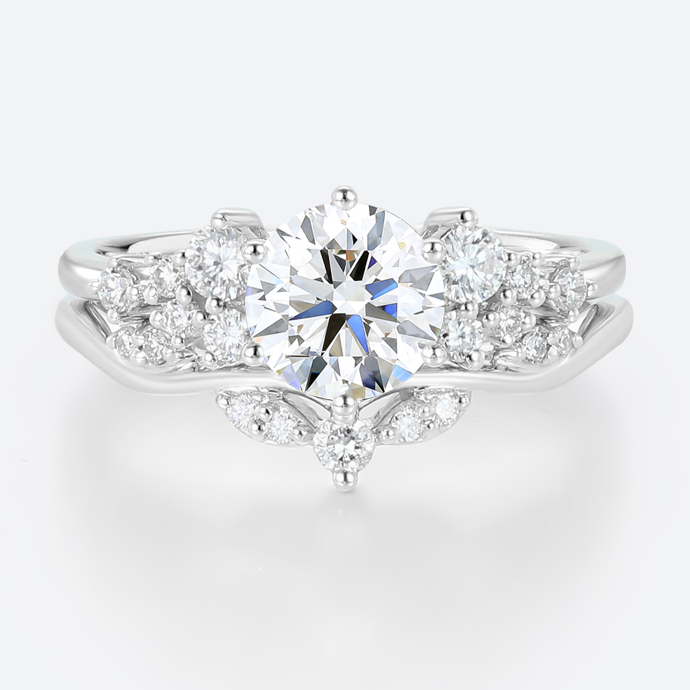 Round Cut Lab Diamond Engagement Rings Set Matching Curved Rings