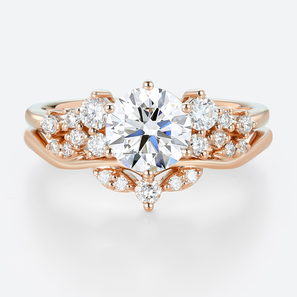 Round Cut Lab Diamond Engagement Rings Set Matching Curved Rings