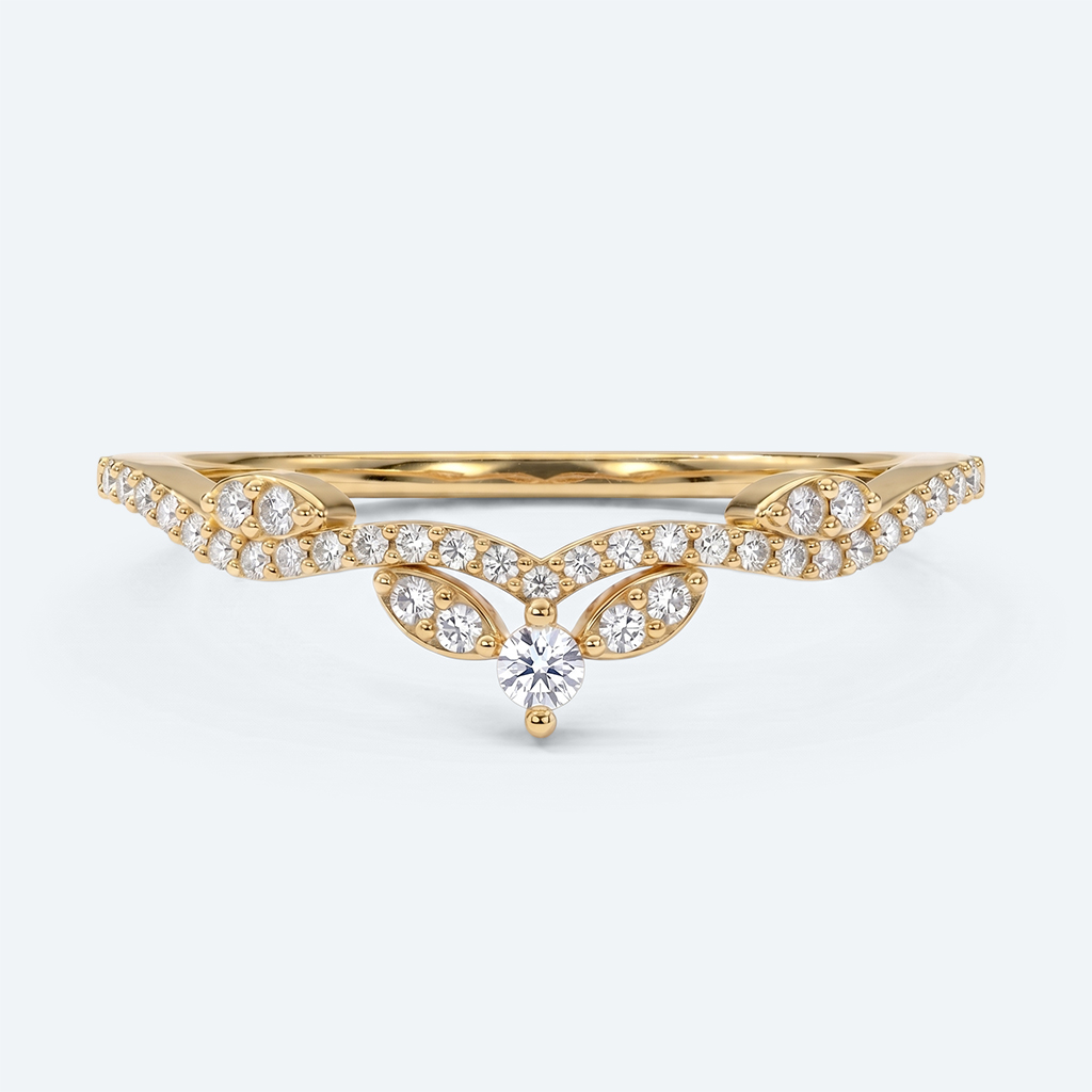 Lab Diamond Curved Wedding Ring Vintage Leaf Chevron Bridal Band
