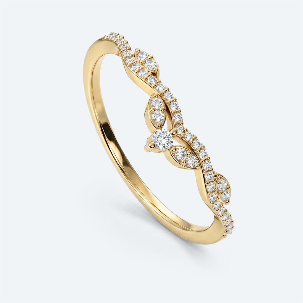 Lab Diamond Curved Wedding Ring Vintage Leaf Chevron Bridal Band