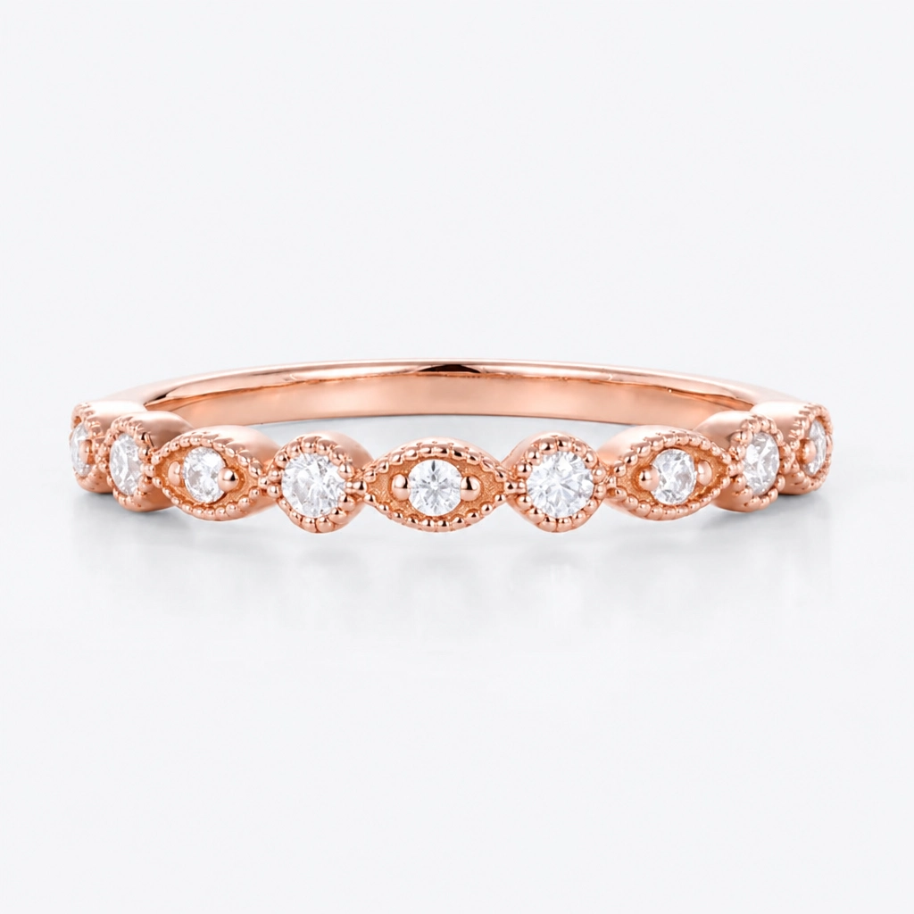 Round Cut Lab Grown Diamond Beaded Vintage Wedding Band in Yellow Gold