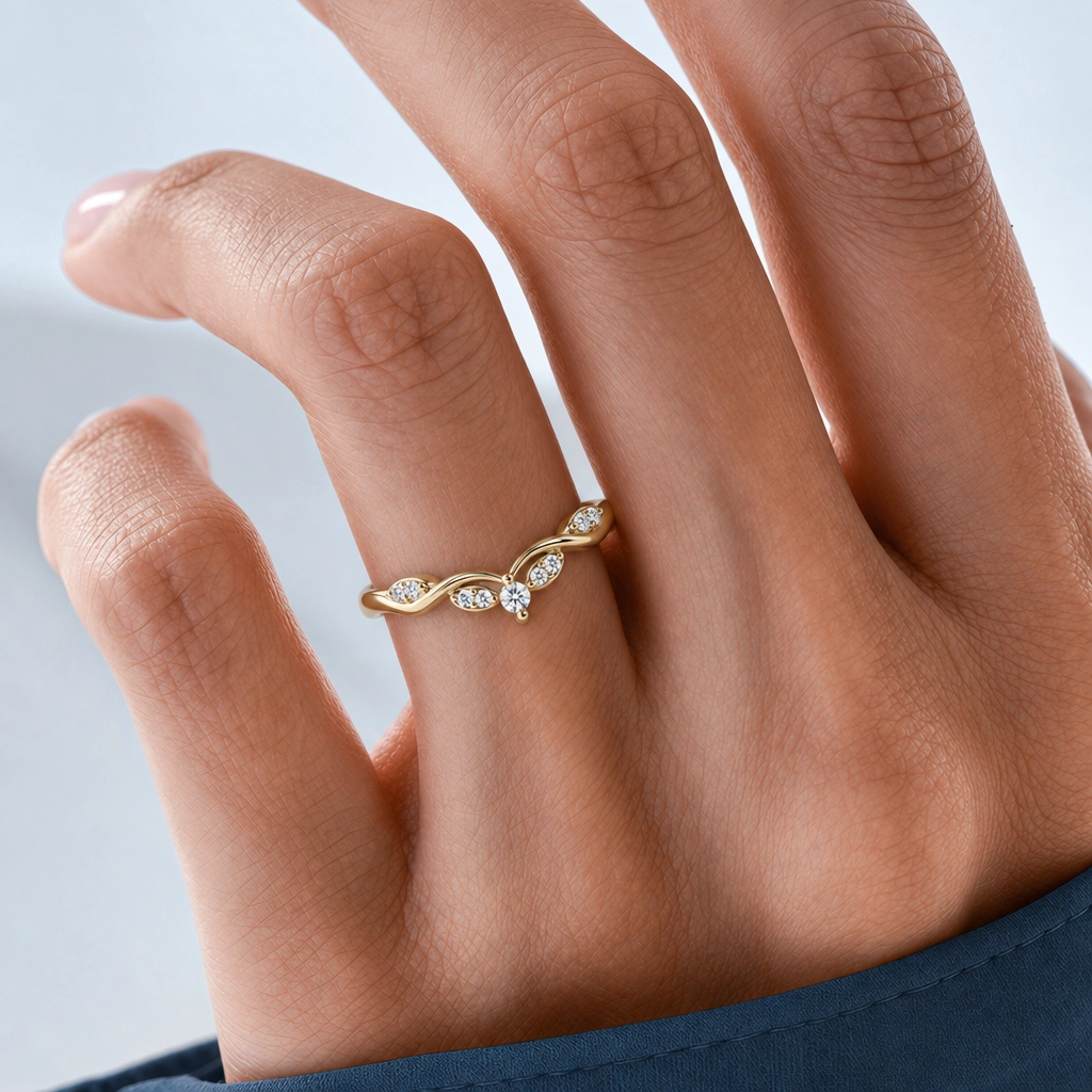 Round Cut Lab Grown Diamond Curved Stacking Wedding Band in Yellow Gold