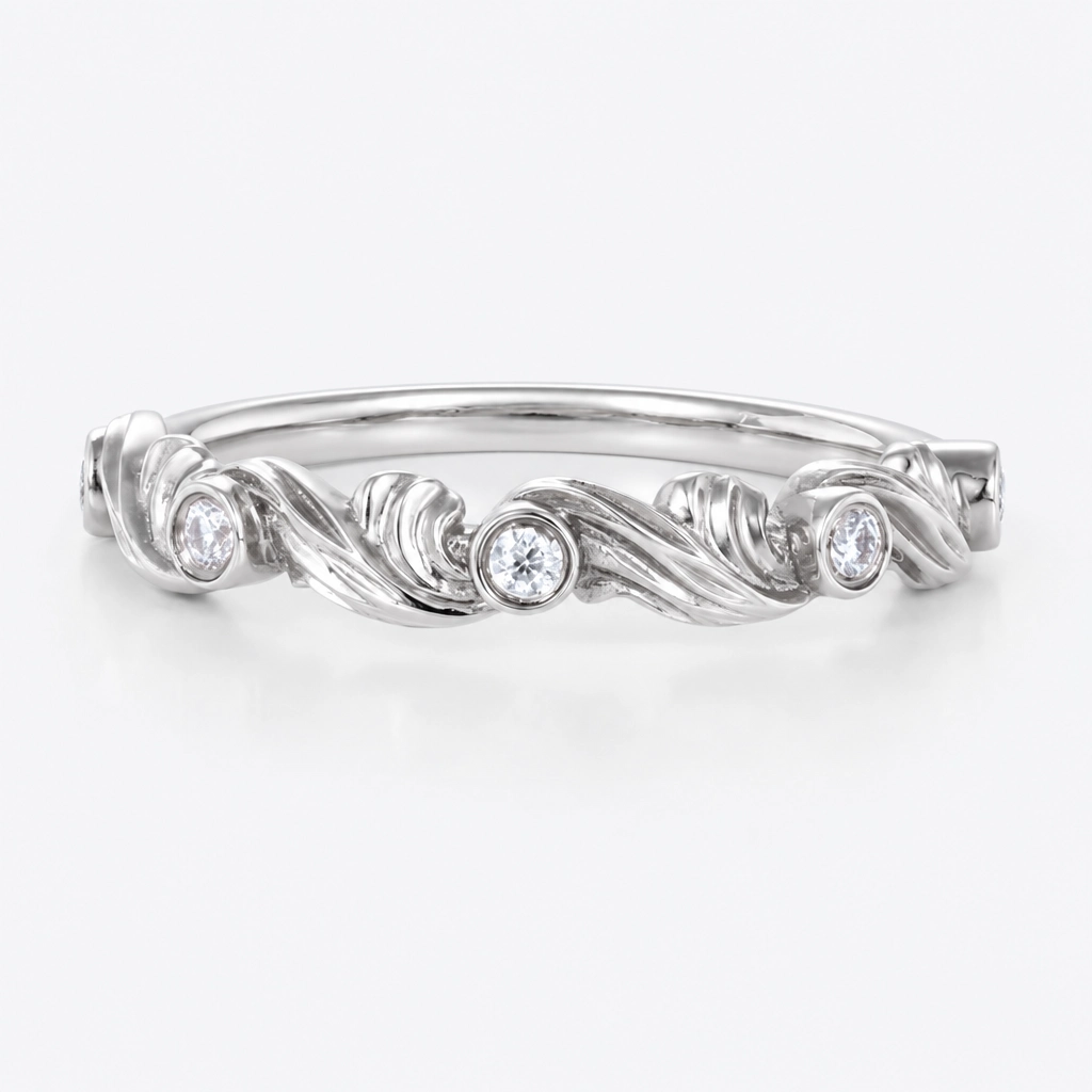 Round Cut Lab Grown Diamond Carved Scroll Wedding Band in Rose Gold