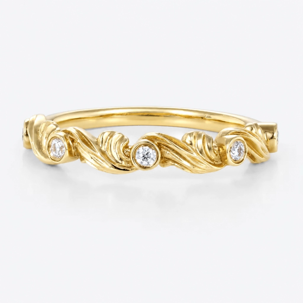 Round Cut Lab Grown Diamond Carved Scroll Wedding Band in Rose Gold