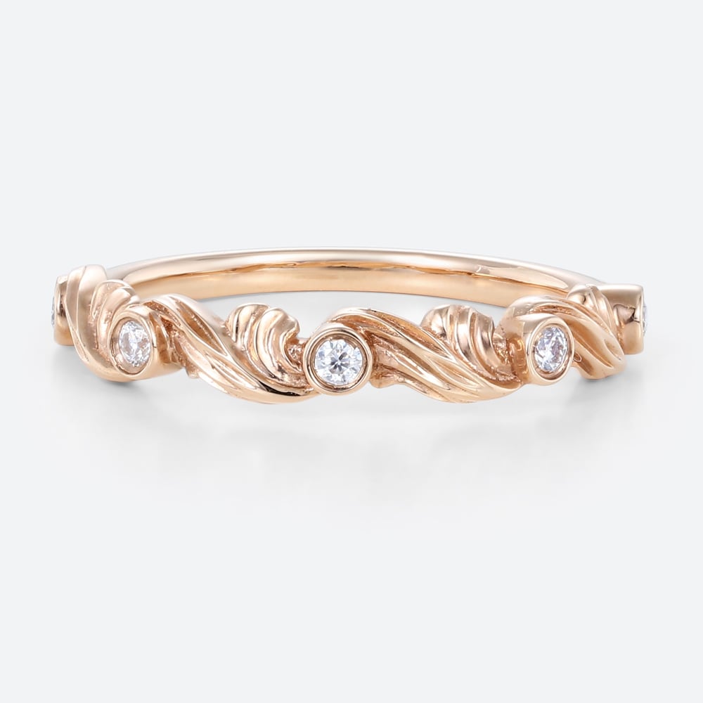 Art Deco Lab Diamond Ring Rose Gold Scroll Band Rings with Carved Design