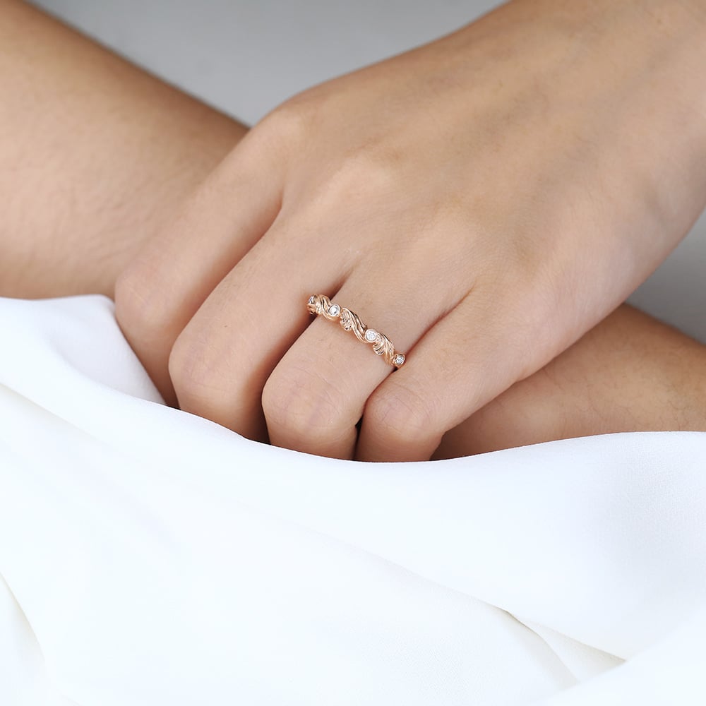 Art Deco Lab Diamond Ring Rose Gold Scroll Band Rings with Carved Design
