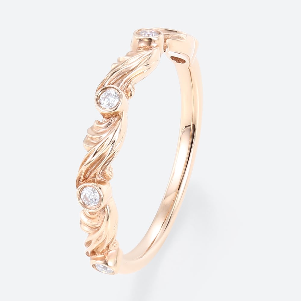 Art Deco Lab Diamond Ring Rose Gold Scroll Band Rings with Carved Design