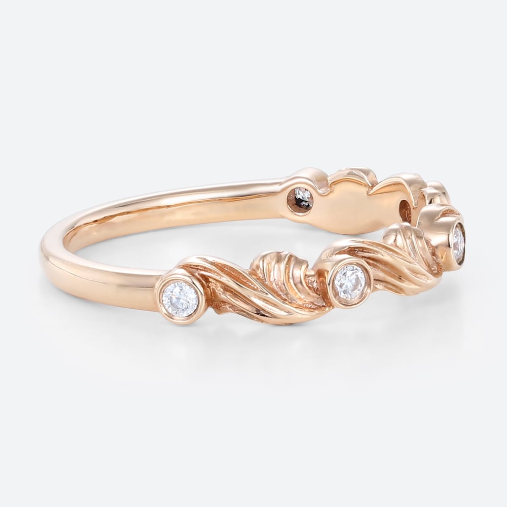Art Deco Lab Diamond Ring Rose Gold Scroll Band Rings with Carved Design