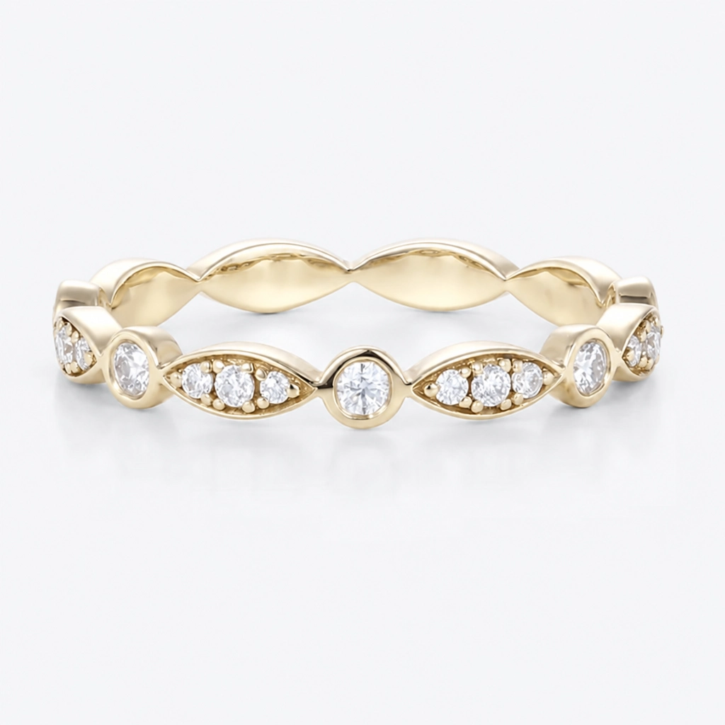 Round Cut Lab Grown Diamond Vintage Stacking Wedding Band in Rose Gold